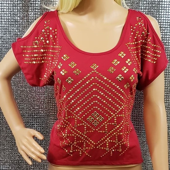 Red+Gold Studded Cutout Back Top Valentine's - Picture 1 of 5